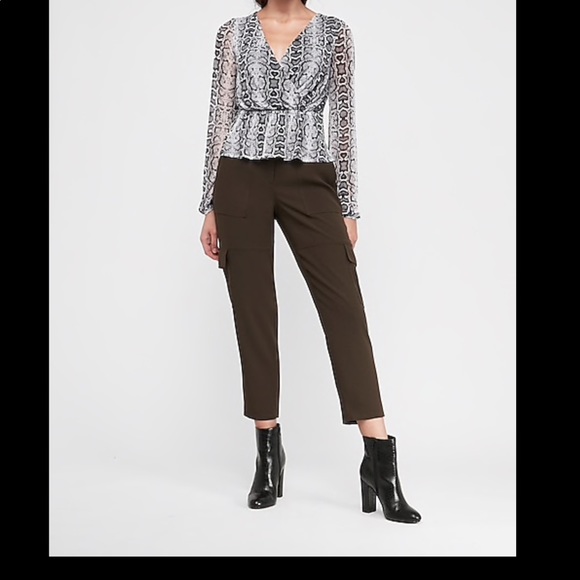 Snakeskin Print Sheer Sleeve Surplice Peplum Top - Picture 2 of 5